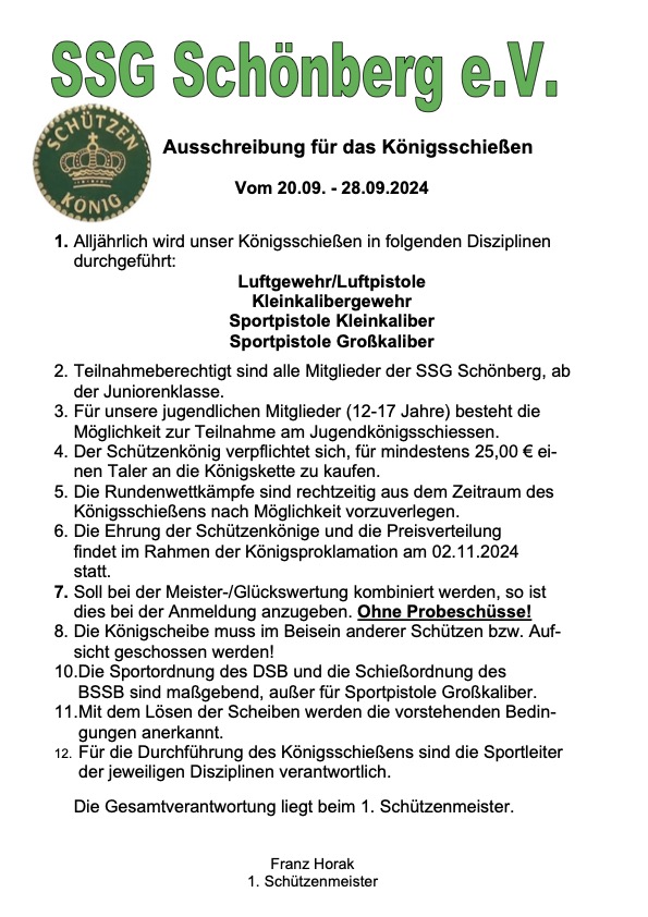 2024 Ausschreibung für das Königsschiessen